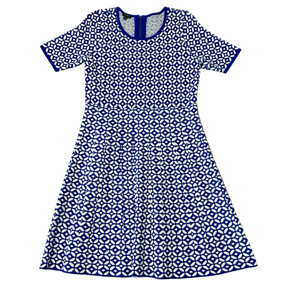 Talbots Grecian Jacquard Royal‎ Blue White Geo Fit Flare Sweater Dress Large-P